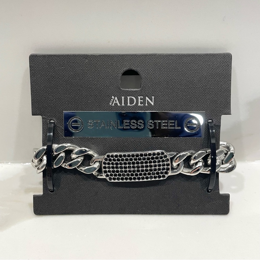 NEW Ava & Aiden Stainless Steel Black Rhinestone Dog Tag Chain Bracelet